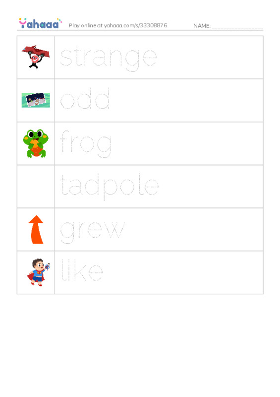 RAZ Vocabulary D: Tadpole Teasing PDF one column image words