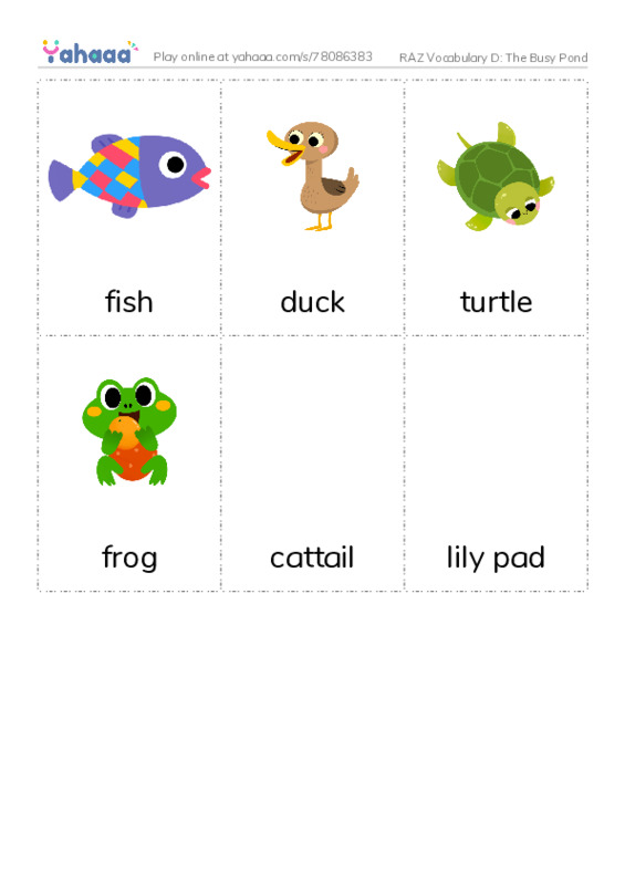 RAZ Vocabulary D: The Busy Pond PDF flaschards with images