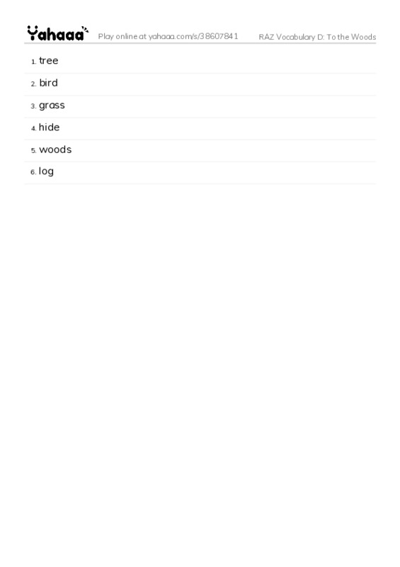 RAZ Vocabulary D: To the Woods PDF words glossary