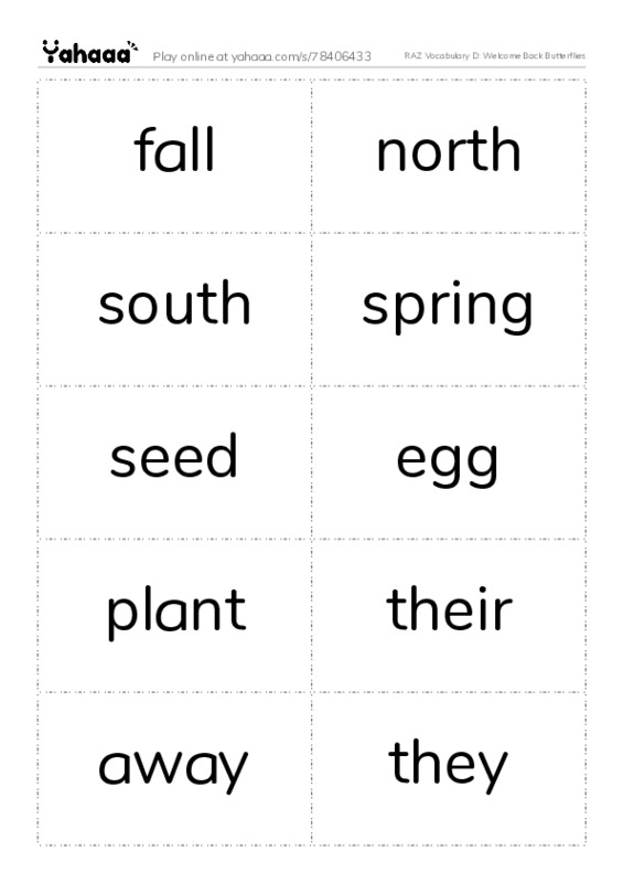 RAZ Vocabulary D: Welcome Back Butterflies PDF two columns flashcards