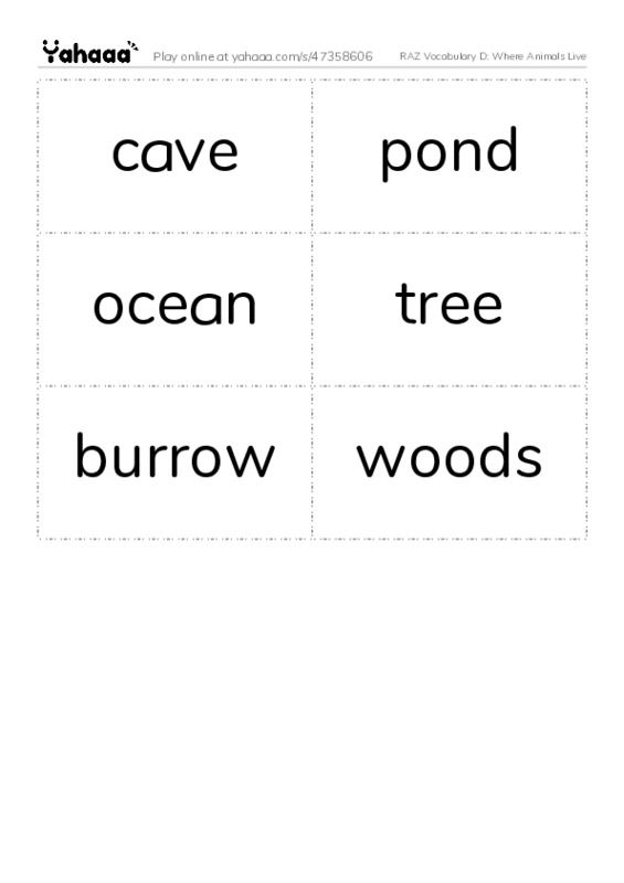 RAZ Vocabulary D: Where Animals Live PDF two columns flashcards