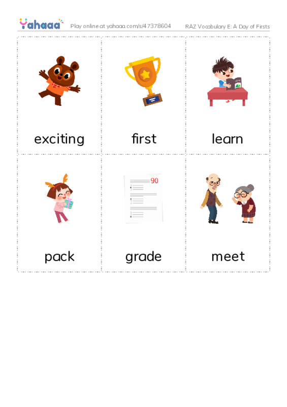 RAZ Vocabulary E: A Day of Firsts PDF flaschards with images