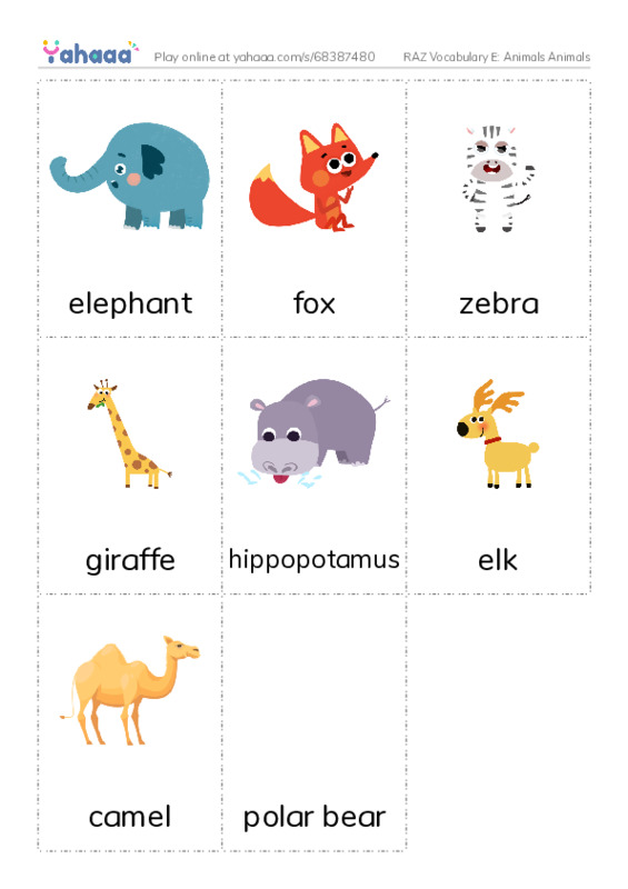 RAZ Vocabulary E: Animals Animals PDF flaschards with images