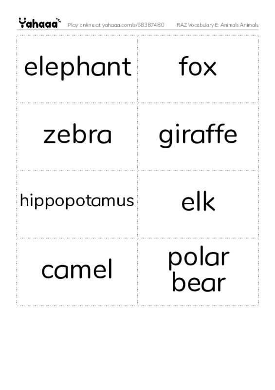 RAZ Vocabulary E: Animals Animals PDF two columns flashcards