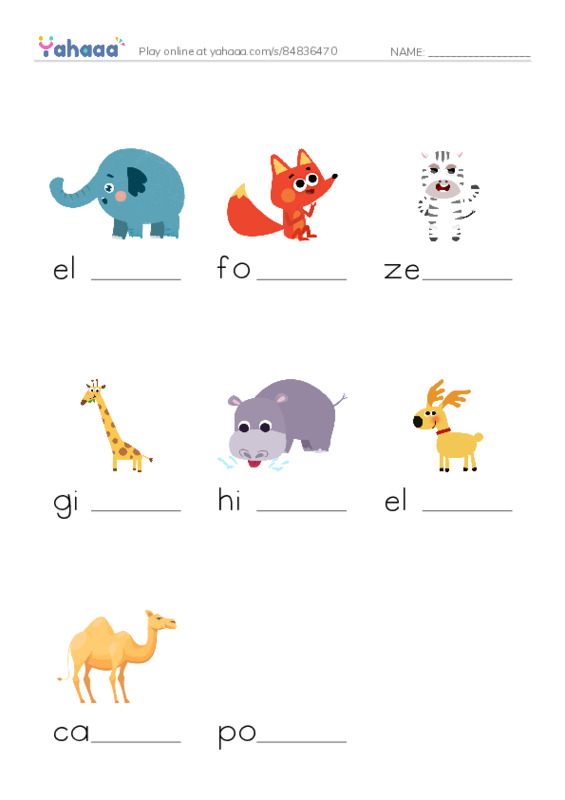 RAZ Vocabulary E: Animals Animals PDF worksheet to fill in words gaps