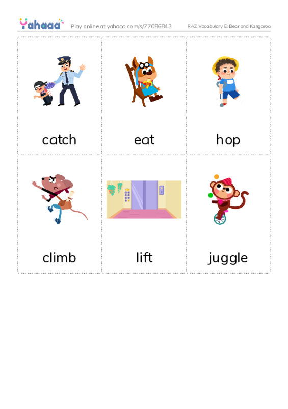 RAZ Vocabulary E: Bear and Kangaroo PDF flaschards with images