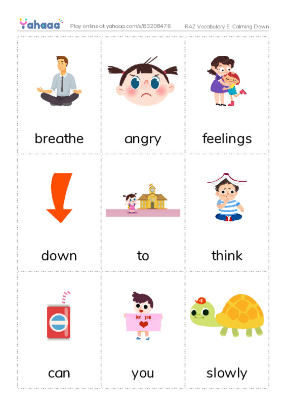 RAZ Vocabulary E: Calming Down PDF flaschards with images