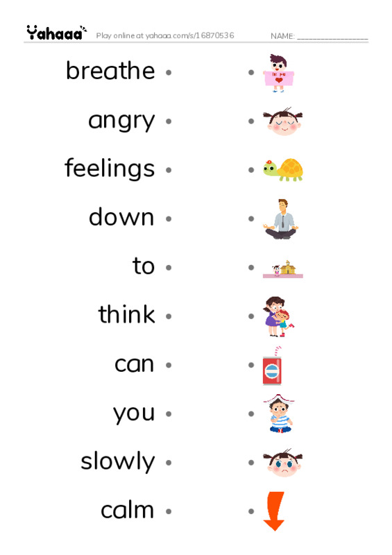 RAZ Vocabulary E: Calming Down PDF link match words worksheet