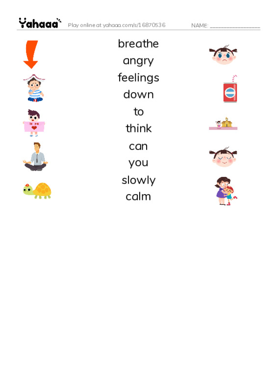 RAZ Vocabulary E: Calming Down PDF three columns match words