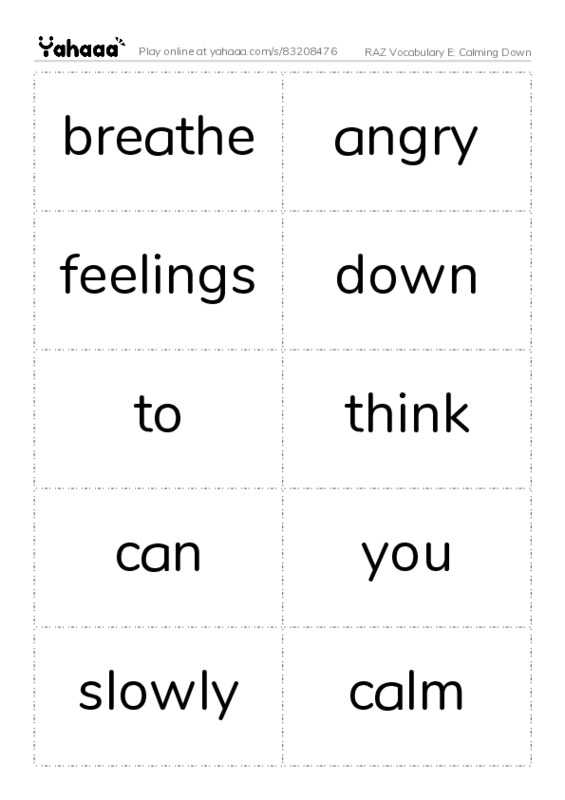 RAZ Vocabulary E: Calming Down PDF two columns flashcards