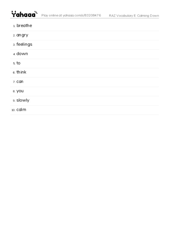RAZ Vocabulary E: Calming Down PDF words glossary