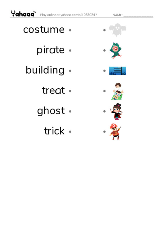 RAZ Vocabulary E: Carloss First Halloween PDF link match words worksheet