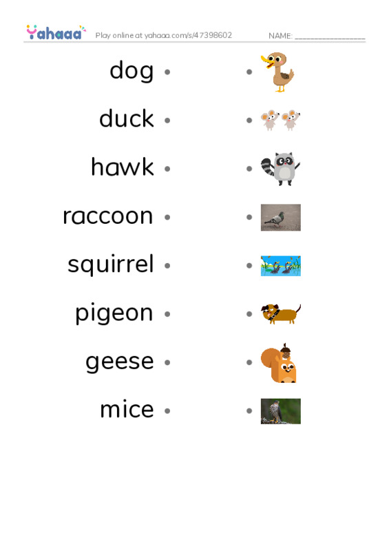 RAZ Vocabulary E: City Animals PDF link match words worksheet