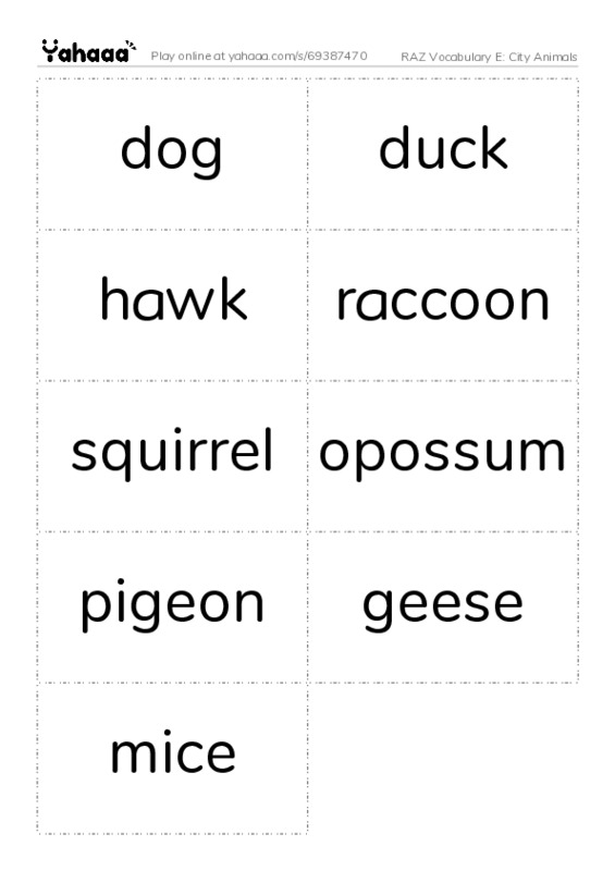 RAZ Vocabulary E: City Animals PDF two columns flashcards