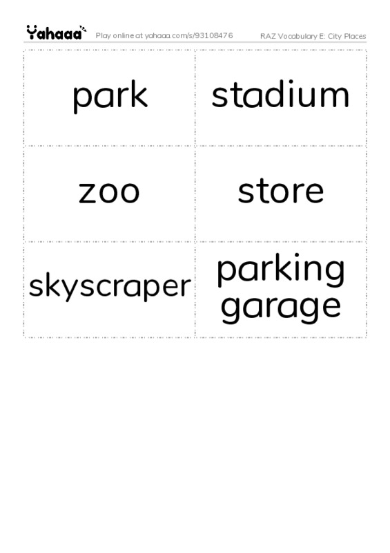 RAZ Vocabulary E: City Places PDF two columns flashcards