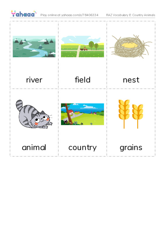 RAZ Vocabulary E: Country Animals PDF flaschards with images