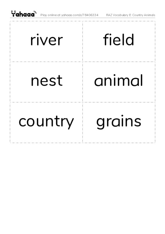 RAZ Vocabulary E: Country Animals PDF two columns flashcards