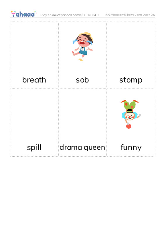 RAZ Vocabulary E: Dollys Drama Queen Day PDF flaschards with images