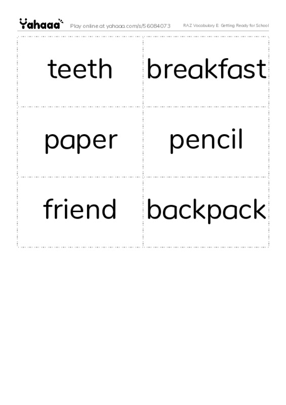 RAZ Vocabulary E: Getting Ready for School PDF two columns flashcards