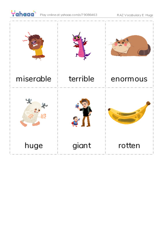 RAZ Vocabulary E: Hugs PDF flaschards with images