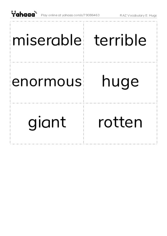 RAZ Vocabulary E: Hugs PDF two columns flashcards