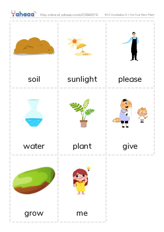 RAZ Vocabulary E: I Am Your New Plant PDF flaschards with images