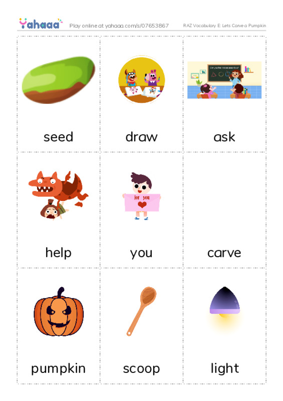 RAZ Vocabulary E: Lets Carve a Pumpkin PDF flaschards with images