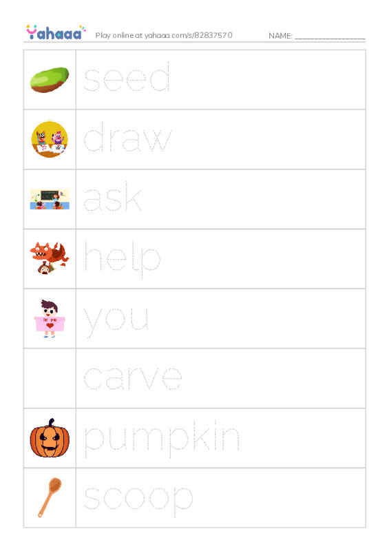RAZ Vocabulary E: Lets Carve a Pumpkin PDF one column image words