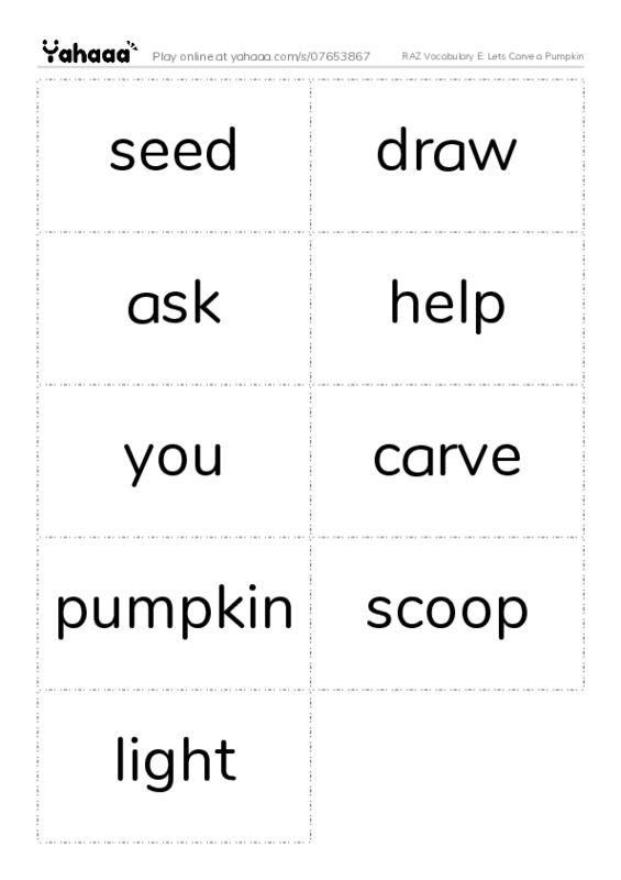RAZ Vocabulary E: Lets Carve a Pumpkin PDF two columns flashcards