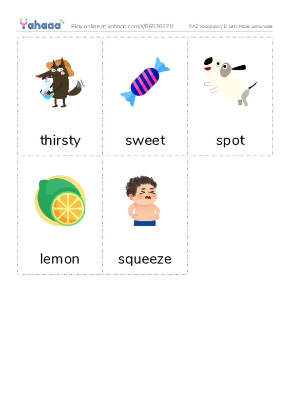 RAZ Vocabulary E: Lets Make Lemonade PDF flaschards with images
