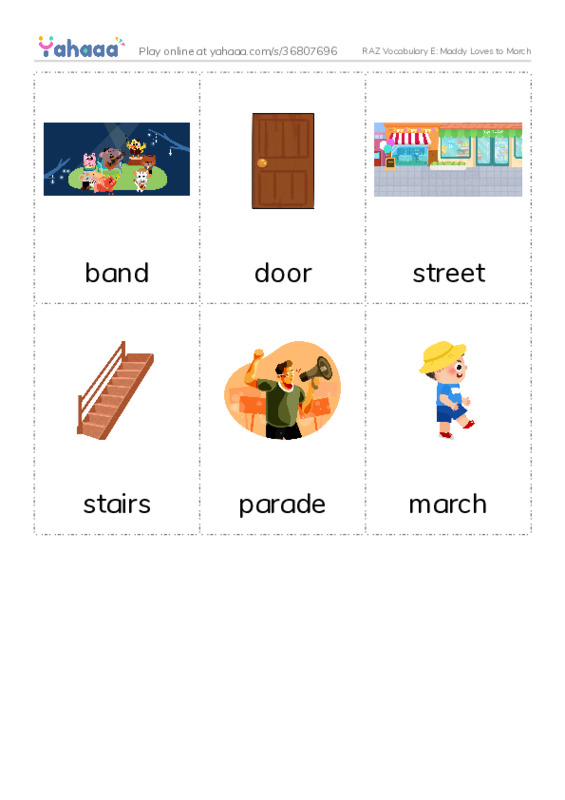 RAZ Vocabulary E: Maddy Loves to March PDF flaschards with images