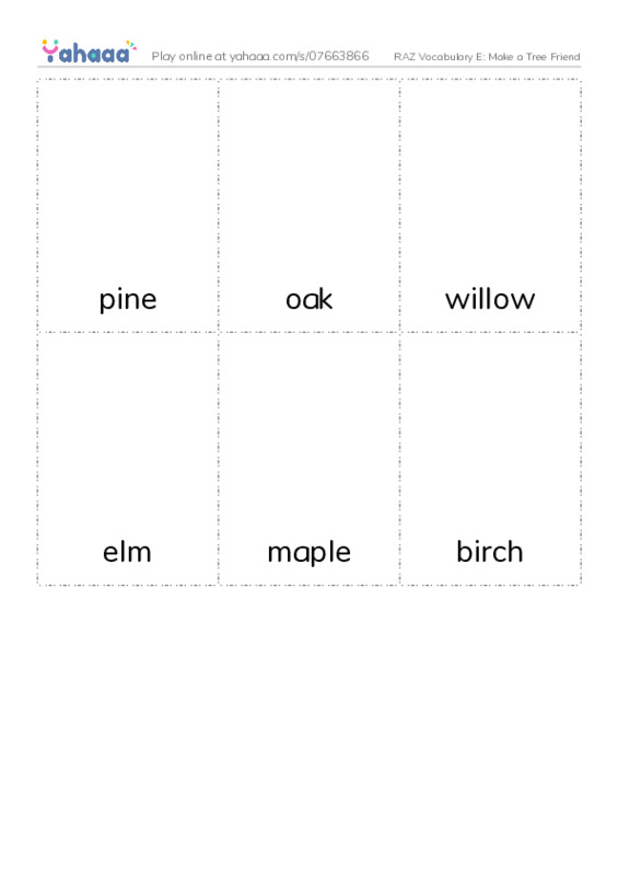 RAZ Vocabulary E: Make a Tree Friend PDF flaschards with images