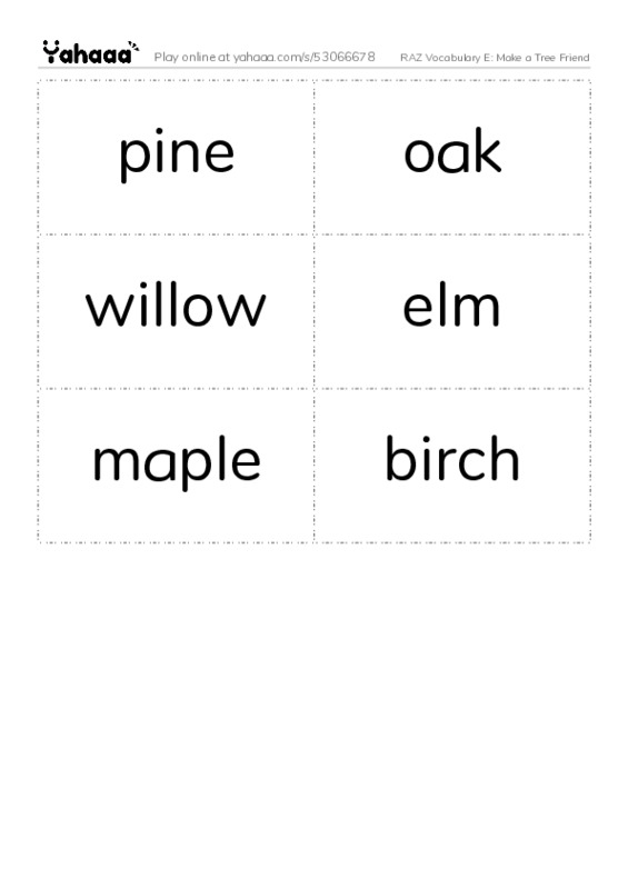 RAZ Vocabulary E: Make a Tree Friend PDF two columns flashcards