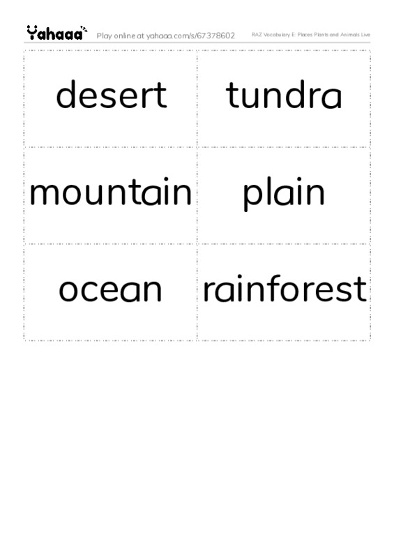 RAZ Vocabulary E: Places Plants and Animals Live PDF two columns flashcards