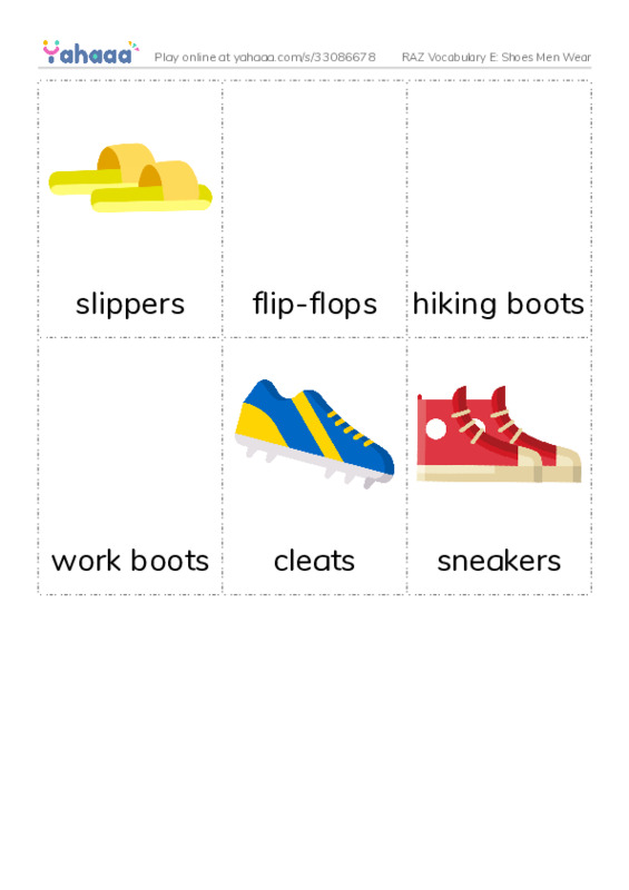 RAZ Vocabulary E: Shoes Men Wear PDF flaschards with images