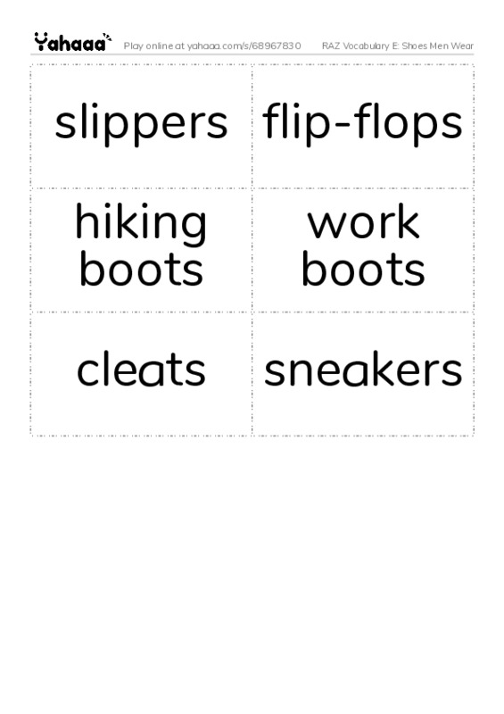 RAZ Vocabulary E: Shoes Men Wear PDF two columns flashcards