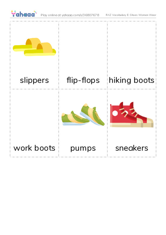 RAZ Vocabulary E: Shoes Women Wear PDF flaschards with images