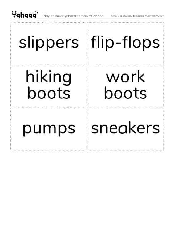 RAZ Vocabulary E: Shoes Women Wear PDF two columns flashcards