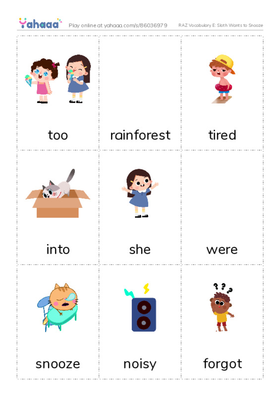 RAZ Vocabulary E: Sloth Wants to Snooze PDF flaschards with images