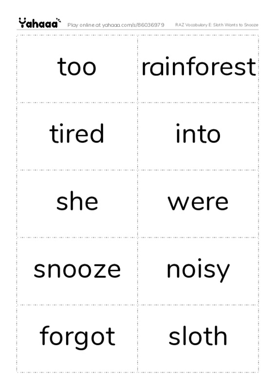 RAZ Vocabulary E: Sloth Wants to Snooze PDF two columns flashcards