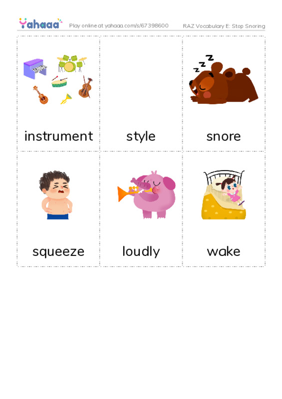 RAZ Vocabulary E: Stop Snoring PDF flaschards with images
