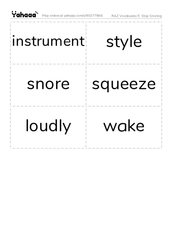 RAZ Vocabulary E: Stop Snoring PDF two columns flashcards