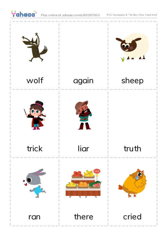 RAZ Vocabulary E: The Boy Who Cried Wolf PDF flaschards with images