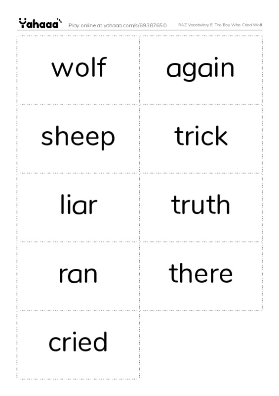 RAZ Vocabulary E: The Boy Who Cried Wolf PDF two columns flashcards