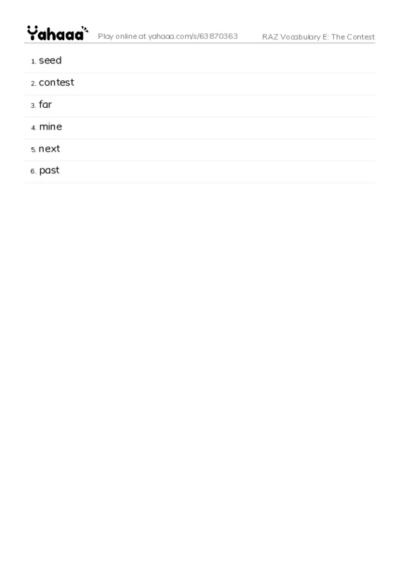 RAZ Vocabulary E: The Contest PDF words glossary