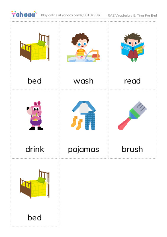 RAZ Vocabulary E: Time For Bed PDF flaschards with images