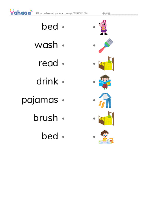 RAZ Vocabulary E: Time For Bed PDF link match words worksheet