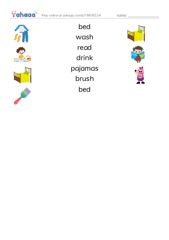RAZ Vocabulary E: Time For Bed PDF three columns match words