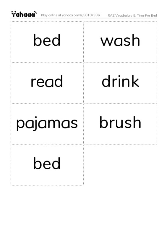 RAZ Vocabulary E: Time For Bed PDF two columns flashcards
