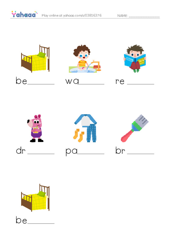 RAZ Vocabulary E: Time For Bed PDF worksheet to fill in words gaps